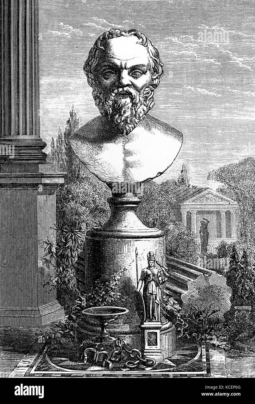 Illustration depicting a bust of Socrates. Socrates was a classical Greek philosopher and educator. Dated 18th Century Stock Photo