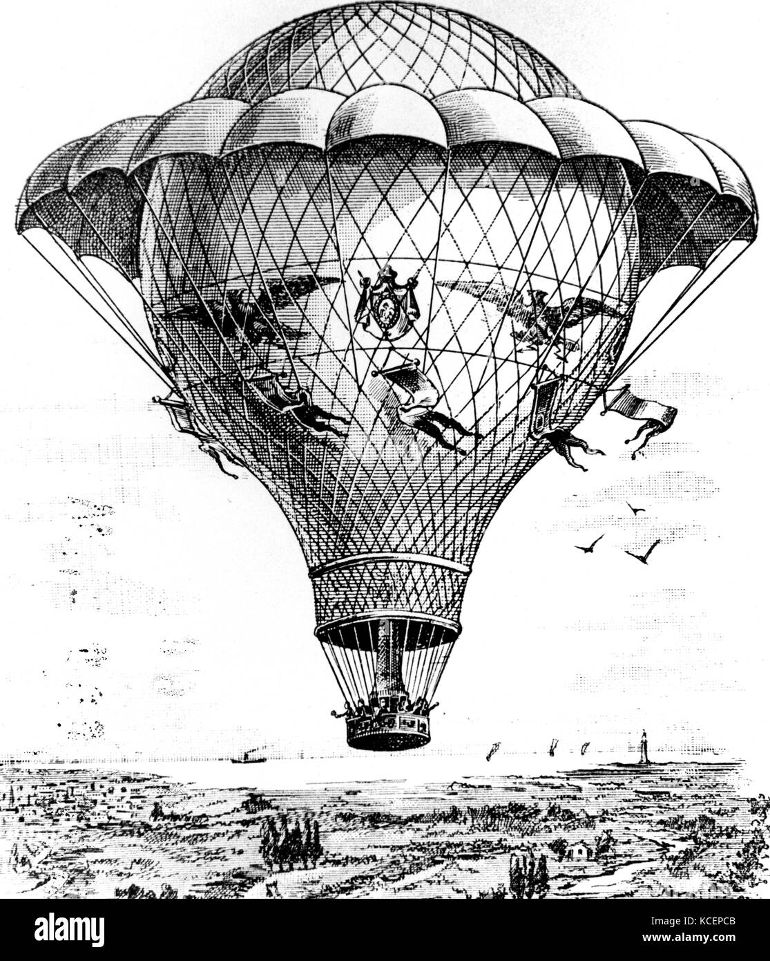 Illustration depicting Eugène Godard's balloon 'Aigile'. Dated Eugène Godard (1827-1890) French aeronaut. Dated 20th Century Stock Photo