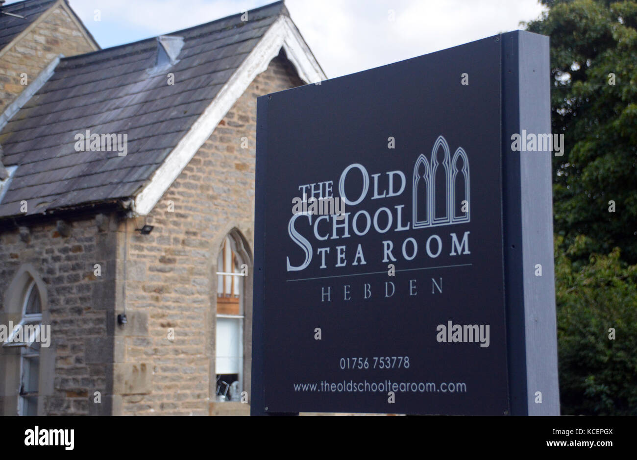 Sign for the Old School Tea Room in the Village of Hebden near Grassington in Wharfedale, Yorkshire Dales National Park, England, UK. Stock Photo