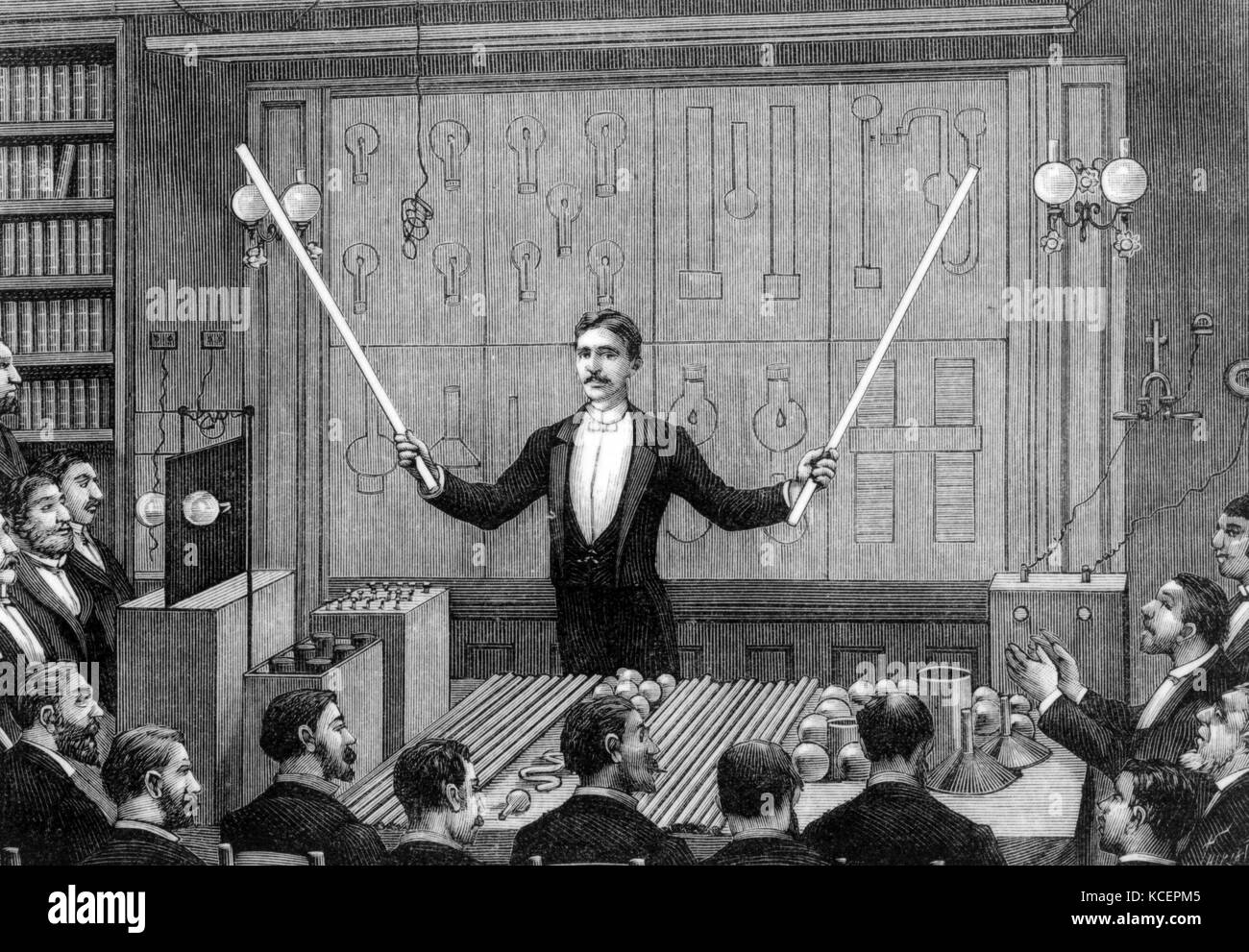 Illustration depicting Nikola Tesla (1856-1943) a Serbian-American inventor, electrical engineer, mechanical engineer, physicist, and futurist. Dated 19th Century Stock Photo