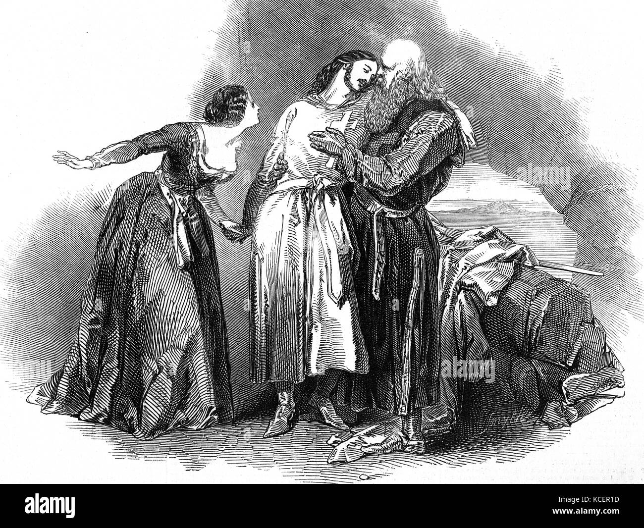 Engraving depicting a dramatic scene from the opera 'I Lombardi' by Giuseppe Verdi (1813-1901), being performed at Her Majesty's Theatre. Dated 19th Century Stock Photo