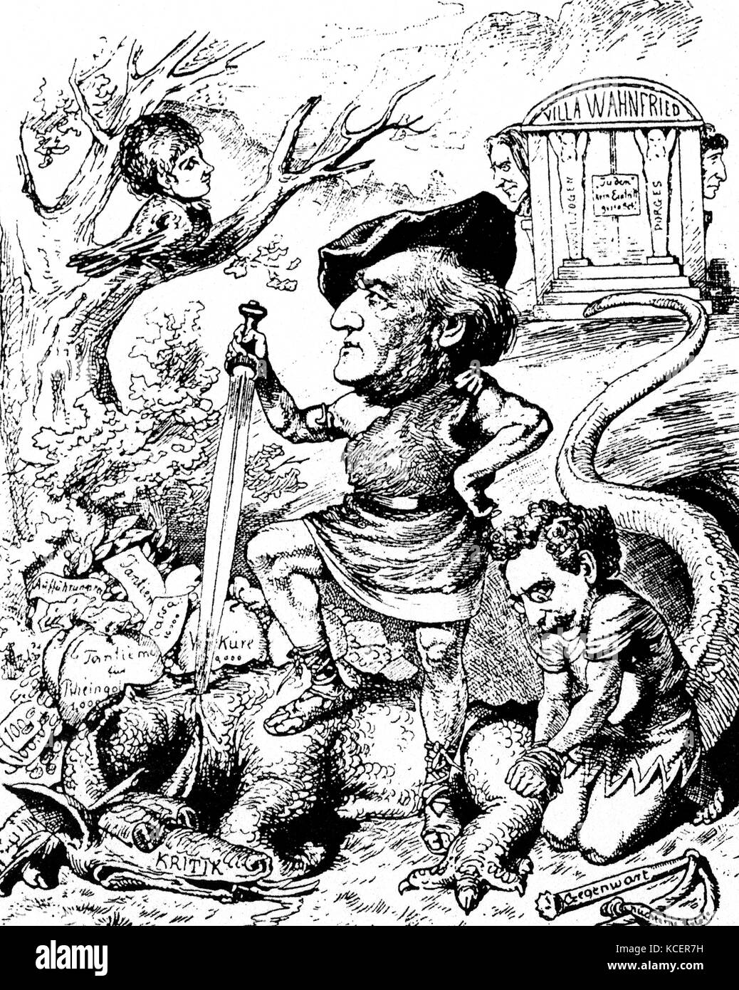 Cartoon depicting Wilhelm Richard Wagner (1813-1883) a German composer. Dated 19th Century Stock Photo
