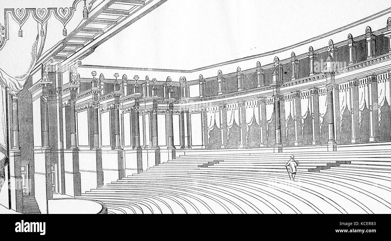 Illustration depicting the interior of the Bayreuth Festspielhaus, an opera house in Bayreuth, Germany. The opera house serves as the venue for the annual Bayreuth Festival. Dated 19th Century Stock Photo
