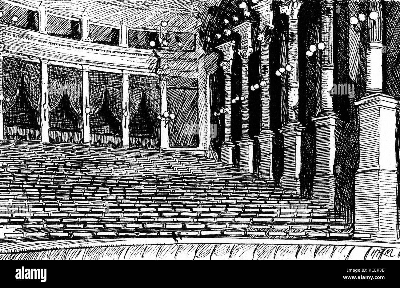 Illustration depicting the interior of the Bayreuth Festspielhaus, an opera house in Bayreuth, Germany. The opera house serves as the venue for the annual Bayreuth Festival. Dated 19th Century Stock Photo