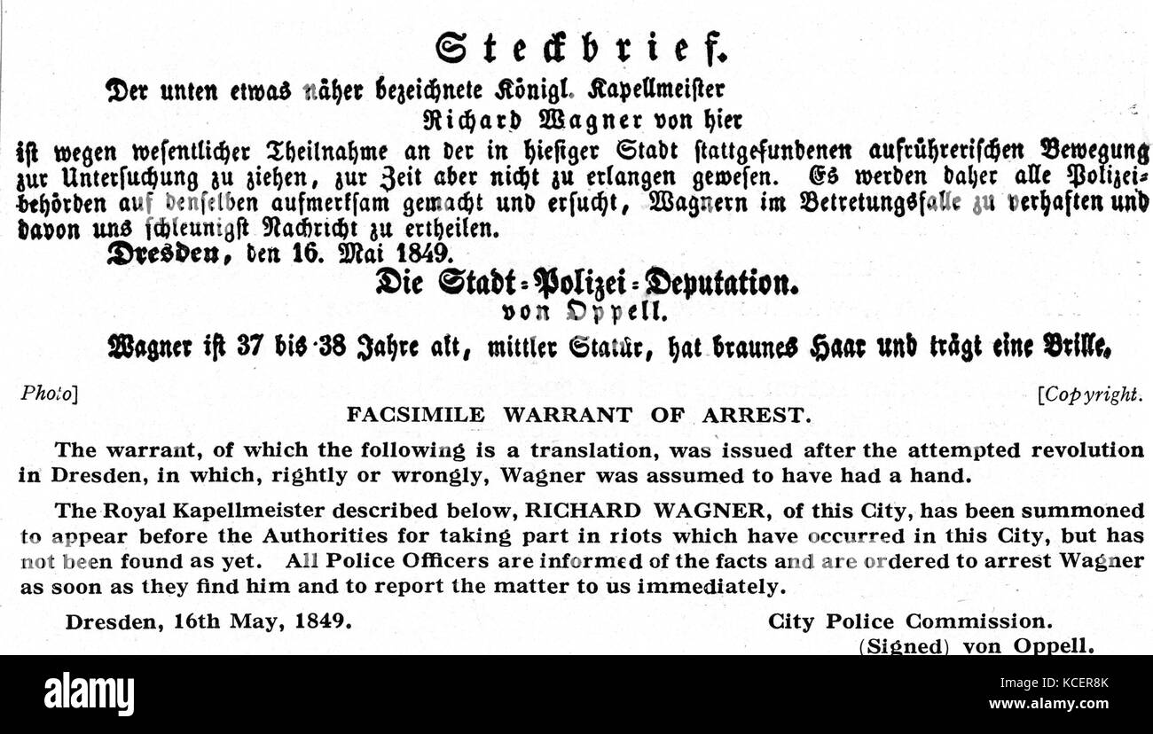 Arrest warrant issued for Wilhelm Richard Wagner (1813-1883) a German composer. Dated 19th Century Stock Photo
