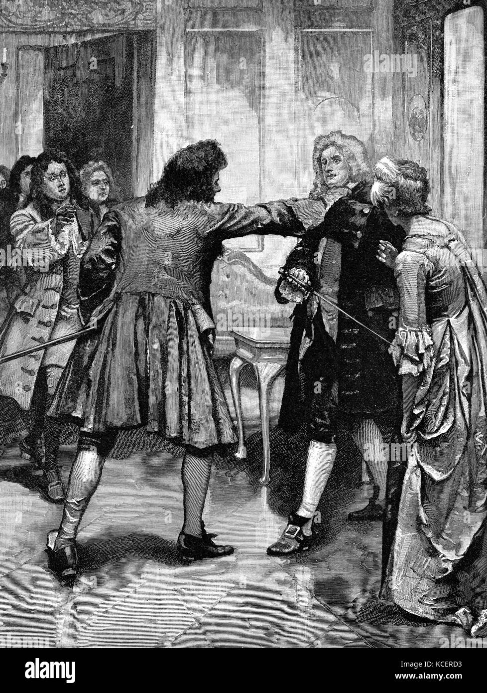 Engraving depicting a quarrel between Charles Townshend (1674-1738) a British statesman, and Robert Walpole (1676-1745) Prime Minister of Britain. Dated 18th Century Stock Photo
