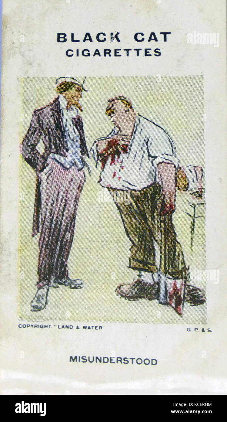 Black Cat Cigarettes, World war One, propaganda card showing: Germany as a warmonger explaining to Uncle Sam (USA), that Germany is misunderstood Stock Photo