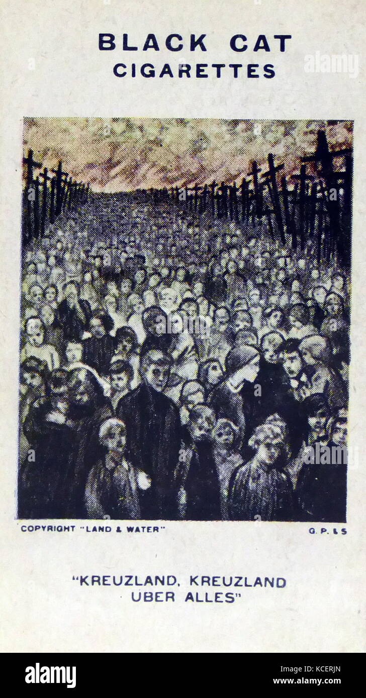 Black Cat Cigarettes, World war One, propaganda card showing: German civilians displaced a refugees of war. World war One propaganda, cigarette card showing: In ‘The shields of Roeselare’ by Louis Raemaekers, illustrates German troops using Belgian townsfolk as a shield against Belgian fire, forcing them to march ahead. Stock Photo