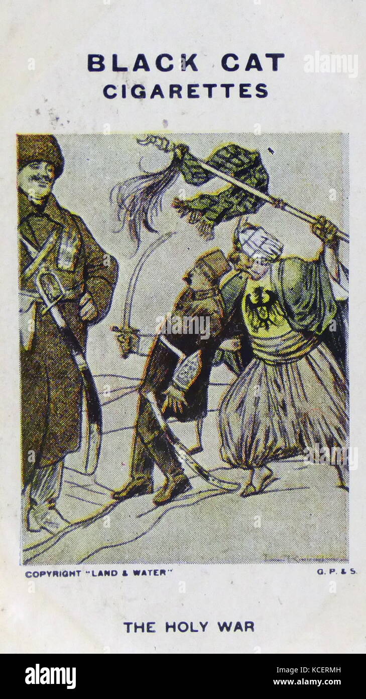 Black Cat Cigarettes, World war One, propaganda card showing: Germany and Turkey dwarfed by the power of Russia Stock Photo