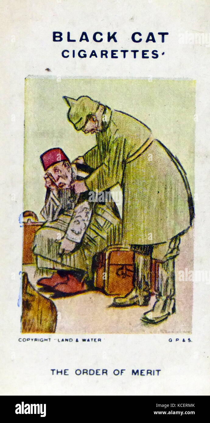 Black Cat Cigarettes, World war One, propaganda card showing: The German Kaiser Wilhelm II comforting the Turkish Sultan, Mehmed V Re?âd (1844 – 3 July 1918) was the 35th and penultimate Ottoman Sultan Stock Photo