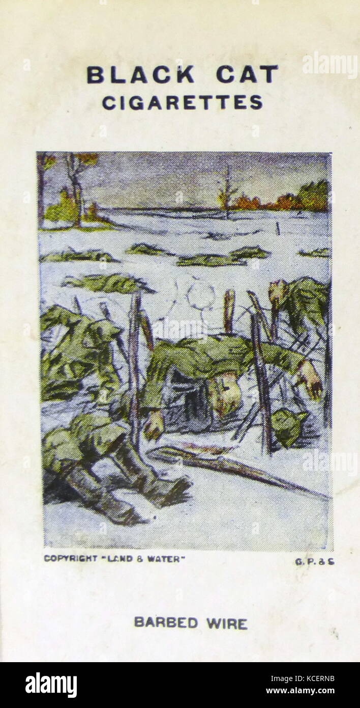Black Cat Cigarettes, World war One, propaganda card showing: dead soldiers slumped over barbed wire Stock Photo