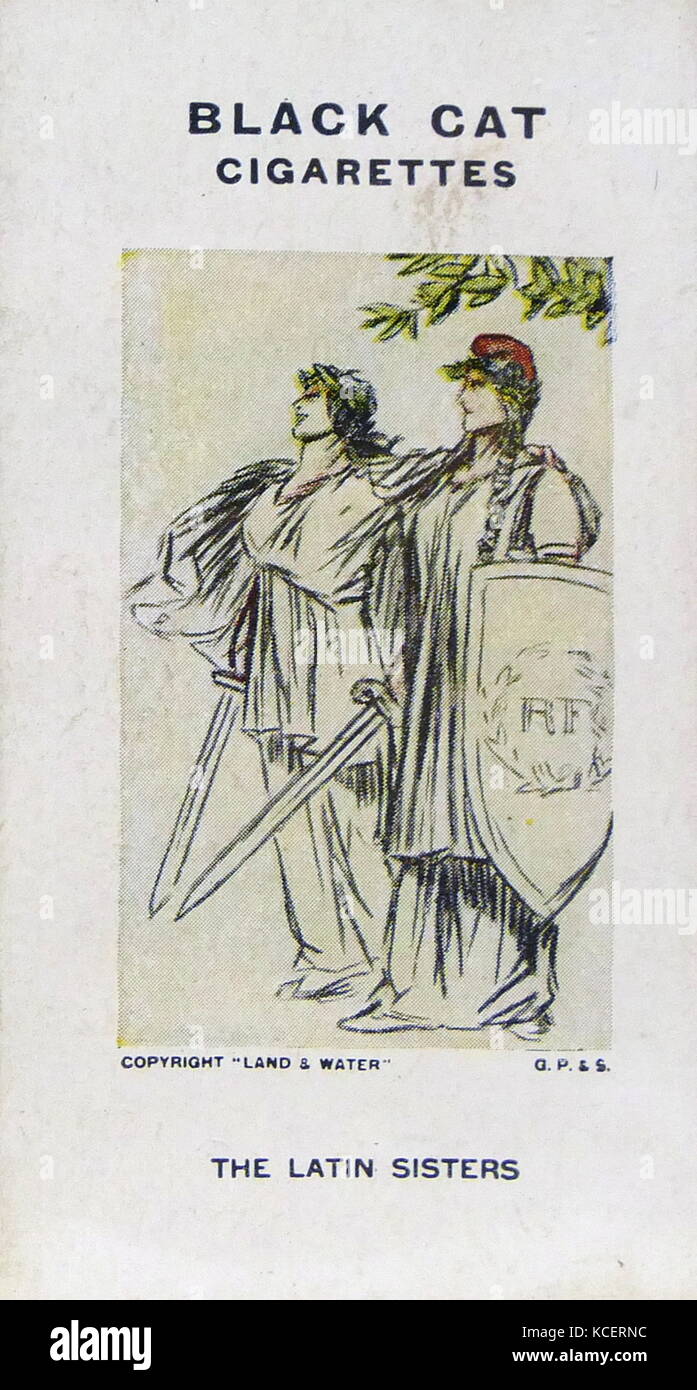 Black Cat Cigarettes, World war One, propaganda card showing: Italy and France as the Latin sisters (allies) Stock Photo