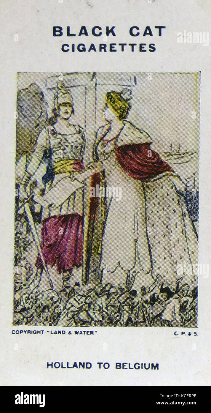 Black Cat Cigarettes, World war One, propaganda card showing: Lady in breastplate carrying sword beneath signpost to Belgium and Dutch Queen Wilhelmina, holding scroll headed Troonrede beneath signpost to Nederland and small figures of people below Stock Photo