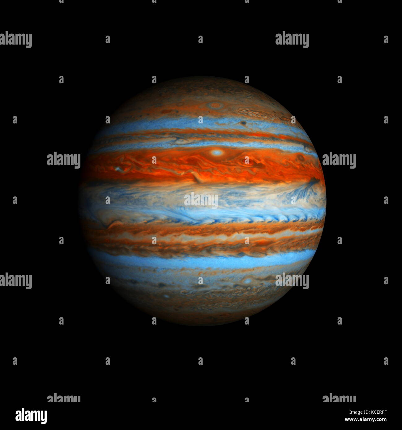 Jupiter as seen by the space probe 'Cassini'. This is the most detailed global colour portrait of Jupiter ever assembled 2009. Jupiter is the fifth planet from the Sun and the largest in the Solar System. It is a giant planet with a mass one-thousandth that of the Sun, but two and a half times that of all the other planets in the Solar System combined. Stock Photo