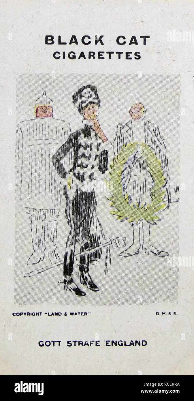Black Cat Cigarettes, World war One, propaganda card showing: Gott Strafe England (God Punish England). 'Father says I have to do the same to France'. Satirical cartoon depicting Crown Prince Wilhelm of Germany. Illustration for The Great War A Neutral's Indictment Stock Photo