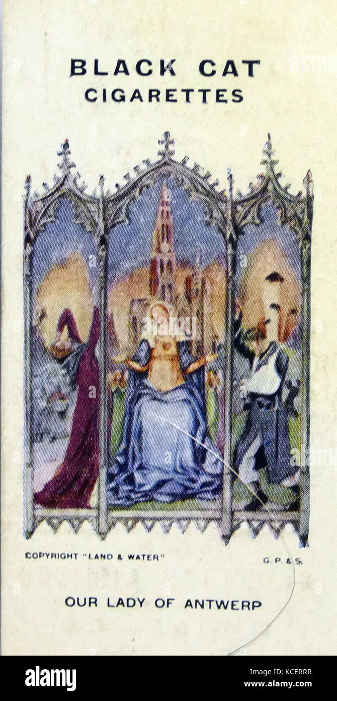 Black Cat Cigarettes, World war One, propaganda card showing: Daggers in the altarpiece of our lady of Antwerp, Belgium Stock Photo