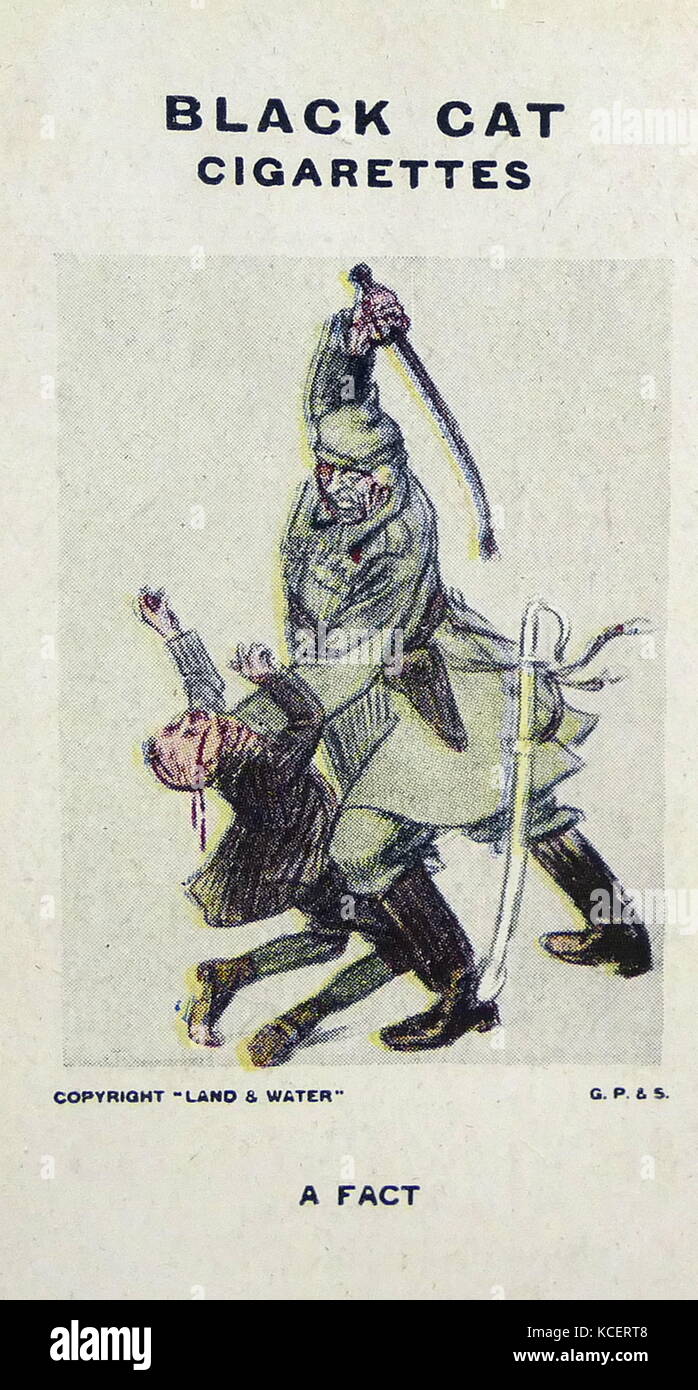 Black Cat Cigarettes, World war One, propaganda card showing: A Fact. A German soldier beating a Dutch schoolboy near the Belgium-Holland frontier. Illustration for The Great War A Neutral's Indictment Stock Photo