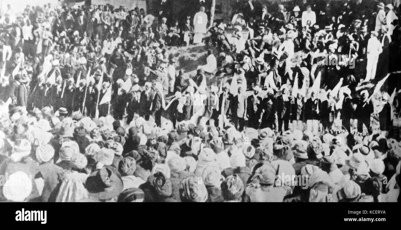 Mohandas Karamchand Gandhi, addressing Indian community in South Africa, 1906. Gandhi established an idealistic community called 'Tolstoy Farm' near Johannesburg, where he nurtured his policy of peaceful resistance . Gandhi (2 October 1869 – 30 January 1948), was the preeminent leader of the Indian independence movement in British-ruled India. Employing nonviolent civil disobedience, Gandhi led India to independence and inspired movements for civil rights and freedom across the world. Stock Photo