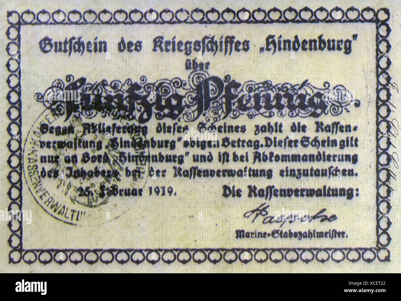 During World War (1914-18), Germany issued thousands of different Notgeld (emergency notes) for towns, cities and even restaurants and police stations. Some very rare forms of Notgeld are those issued on-board the German warship Hindenburg, which was scuttled at Scapa Flow at the end of the war. Stock Photo