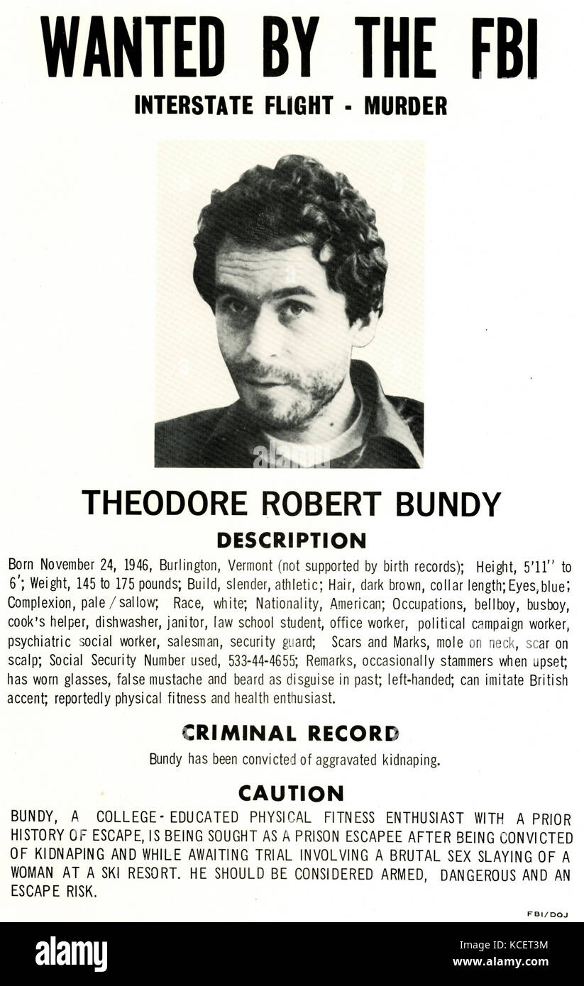 Theodore Robert Bundy (born Theodore Robert Cowell; November 24, 1946 – January 24, 1989) was an American serial killer, kidnapper, rapist, burglar, and necrophile who assaulted and murdered numerous young women and girls during the 1970s and possibly earlier. Shortly before his execution, after more than a decade of denials, he confessed to 30 homicides committed in seven states between 1974 and 1978. Stock Photo