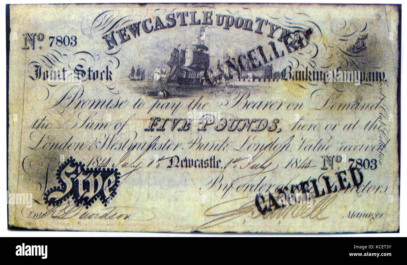 Newcastle upon Tyne £5 banknote 1840. Over 900 private and joint stock banks issued their own notes in Britain in the 19th century. Newcastle upon Tyne Bank first issued in 1836 but failed in 1846. Stock Photo