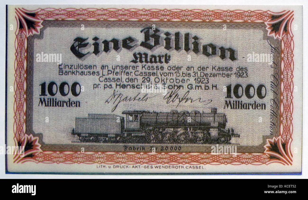 One Billion Mark Note, December 1923. The hyper-inflation that followed the First World War, saw real suffering in Germany when notes like this would hardly buy a box of matches. At the peak of the inflation notes were issued for as much as 100 billion marks. Workers were paid several times daily and given time off to buy essentials before inflation swept the value of their notes away. Stock Photo