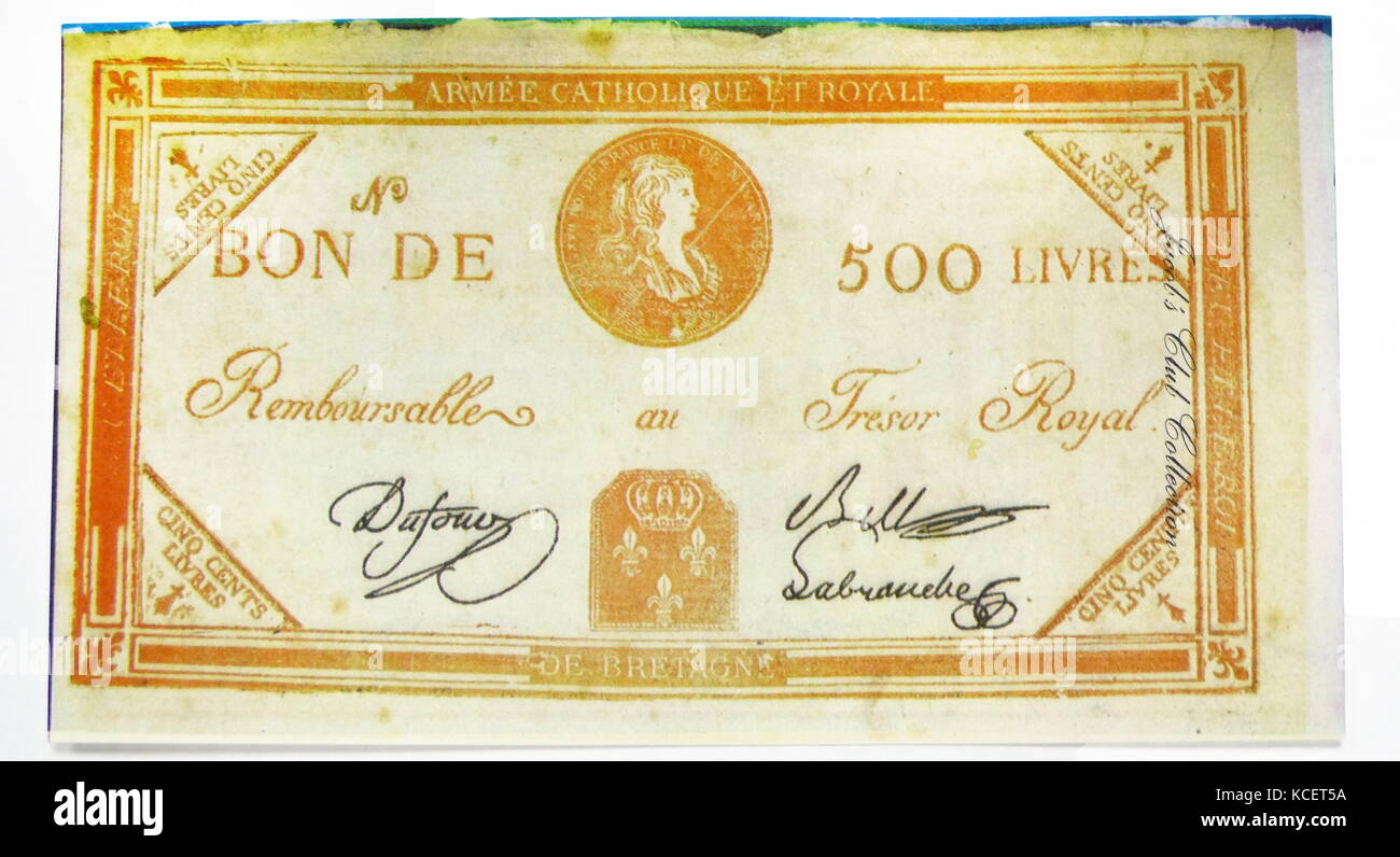 French Revolution Royalist 500 Livres, banknote which shows the head of Louis XVI’s son and was the Royalist answer to the execution of their King. Stock Photo