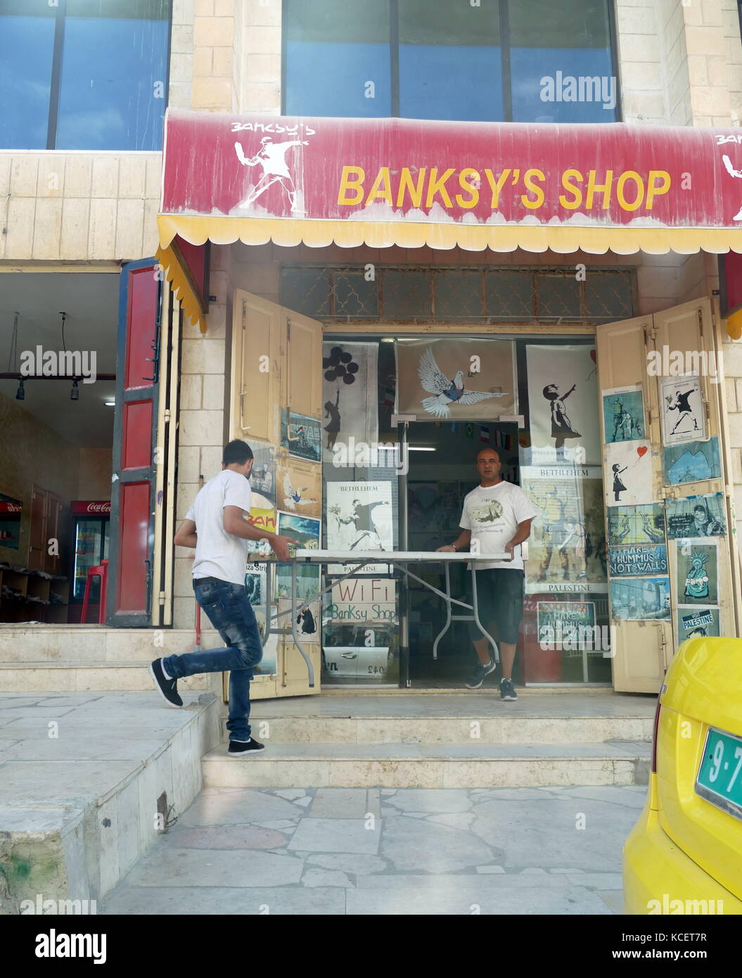 Palestinian shop selling reproductions of graffiti by Banksy; in the town of Bethlehem; West Bank; Palestine 2016 Stock Photo