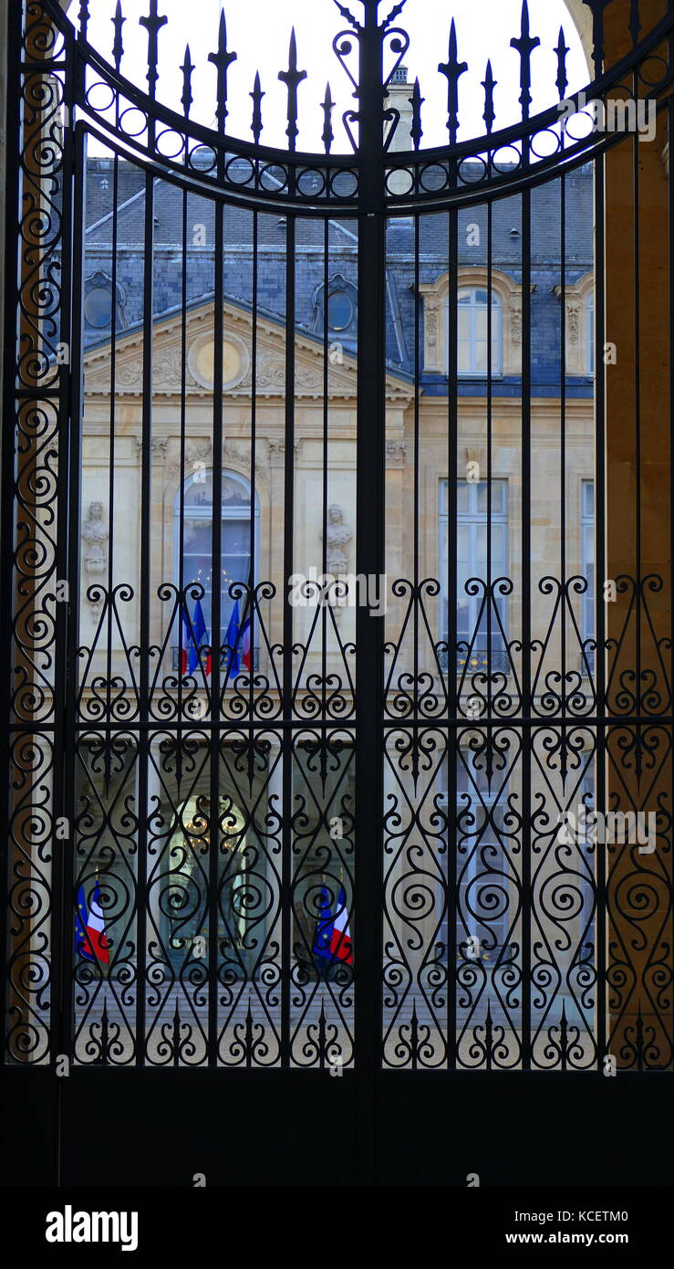 The Élysée Palace (Palais de l'Élysée) has been the official residence of the President of the French Republic since 1848. Dating to the early 18th century, it contains the office of the President and the meeting place of the Council of Ministers. It is located near the Champs-Élysées in the 8th arrondissement of Paris Stock Photo