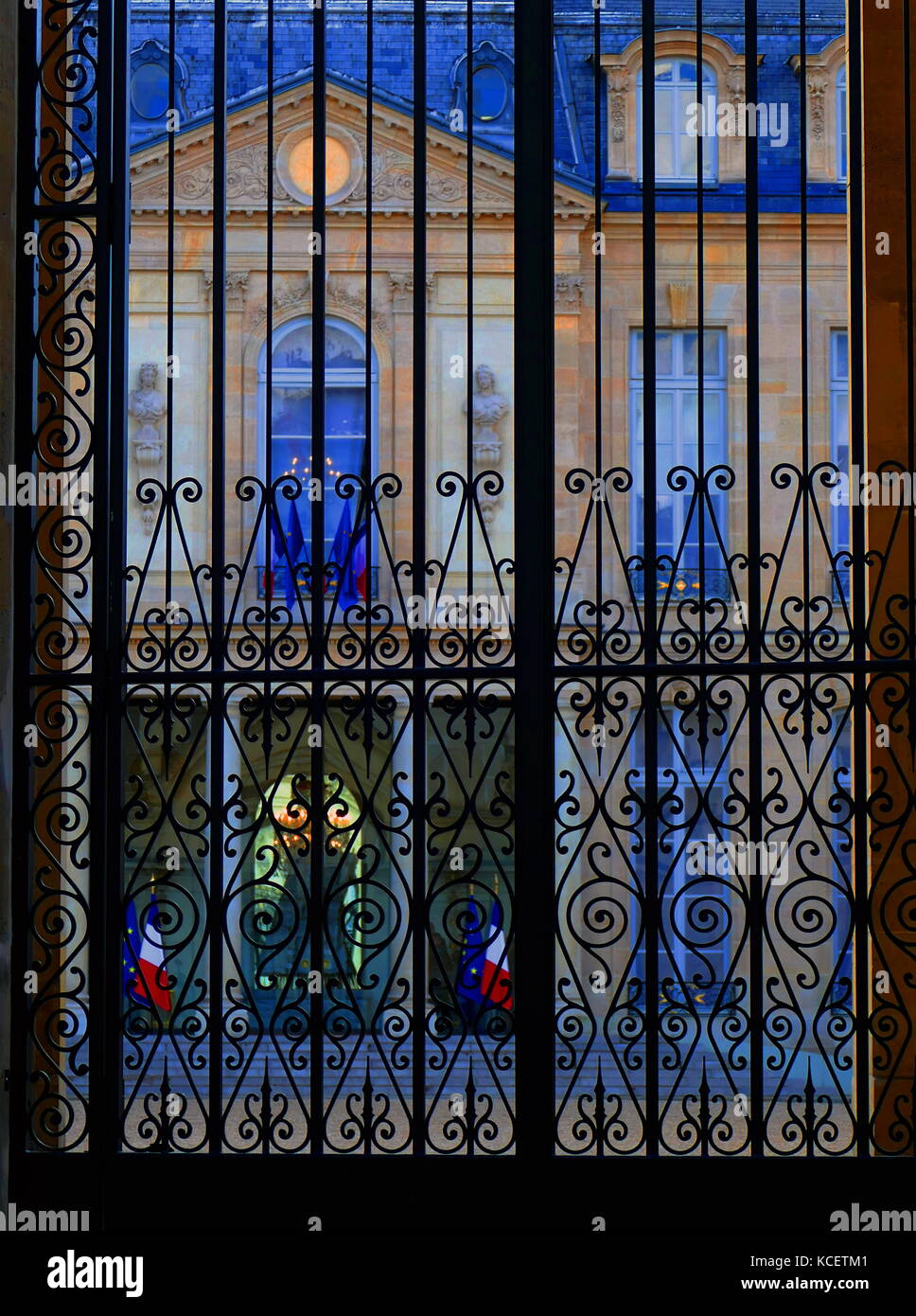 The Élysée Palace (Palais de l'Élysée) has been the official residence of the President of the French Republic since 1848. Dating to the early 18th century, it contains the office of the President and the meeting place of the Council of Ministers. It is located near the Champs-Élysées in the 8th arrondissement of Paris Stock Photo