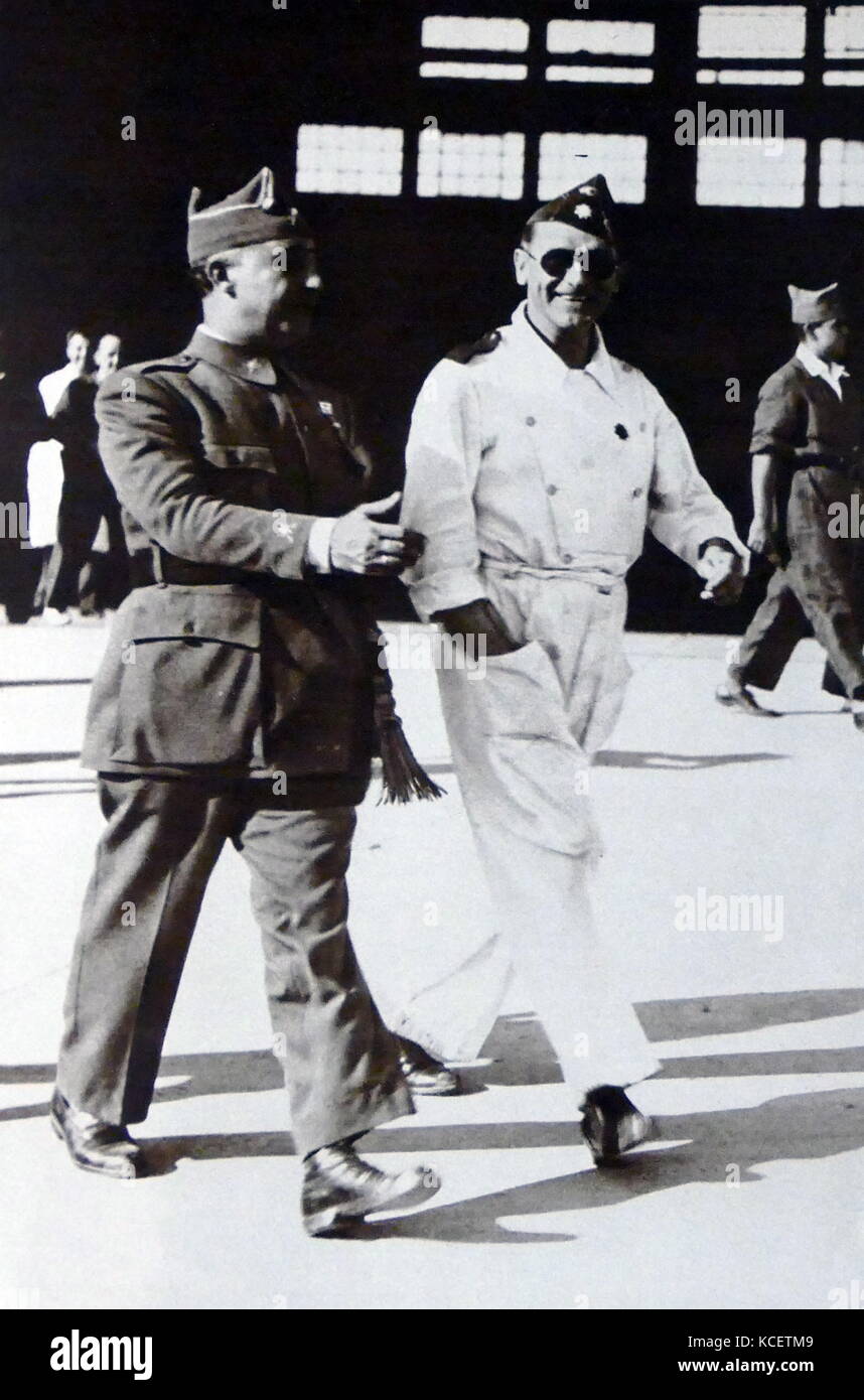 General Franco photographed next to the Air force commander, Rogelio Azaola, in the aerodrome of Tablada of Seville, July of 1936. Stock Photo