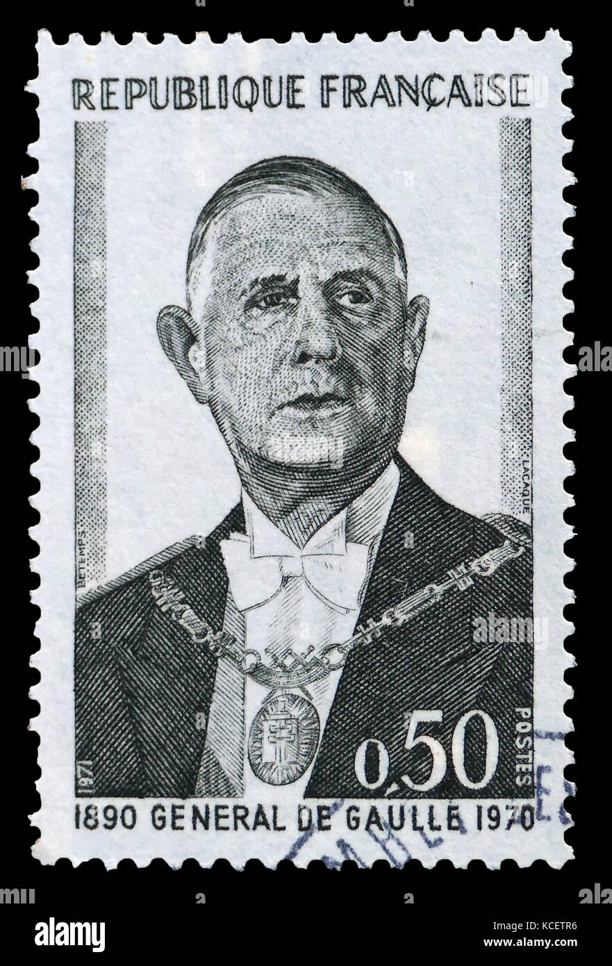 Charles de Gaulle (1890 – 1970); French general and statesman. He was the leader of Free France (1940–44) and the head of the Provisional Government of the French Republic (1944–46). In 1958, he founded the Fifth Republic and was elected as the 18th President of France, a position he held until his resignation in 1969 Stock Photo