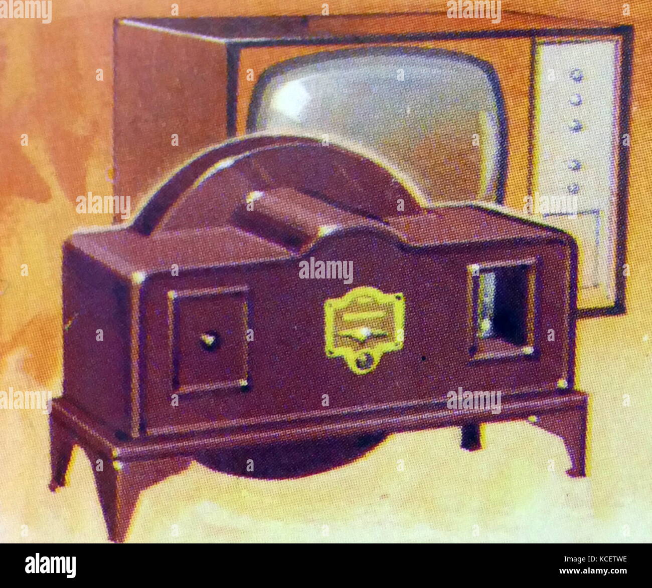 1969 Brooke Bond collectors tea card, depicting: The First Television and a 1960's TV set. By the 1920s, when amplification made television practical, Scottish inventor John Logie Baird employed the Nipkow disk in his prototype video systems. On 25 March 1925, Baird gave the first public demonstration of televised silhouette images in motion, at Selfridge's Department Store in London Stock Photo