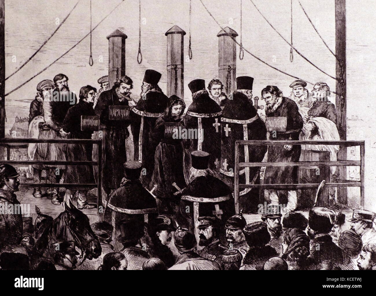 Execution of the assassins of Tsar Alexander II (1818 - 1881), Emperor of Russia from 2 March 1855 until his assassination in 1881.