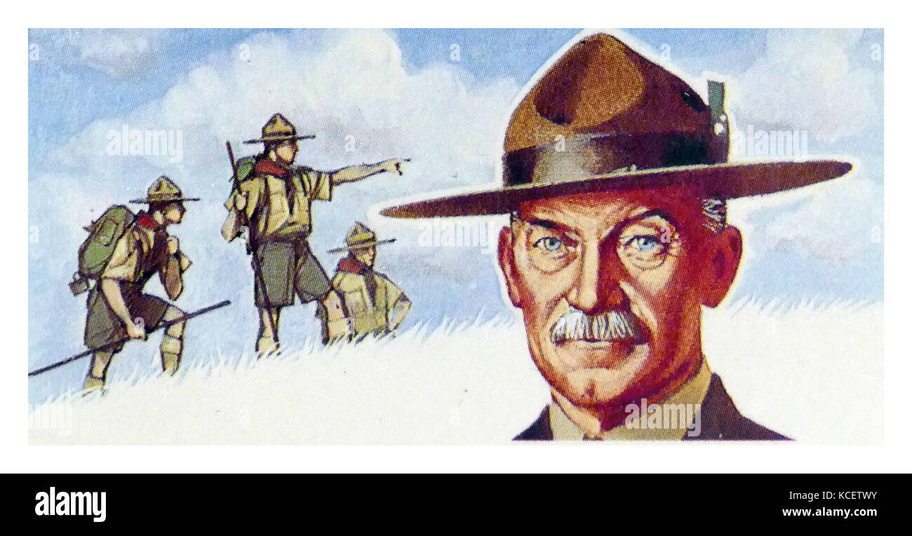 1969 Brooke Bond collectors tea card, depicting: Lieutenant General Robert Baden-Powell, (1857 – 1941), British Army officer, writer, author of Scouting for Boys which was an inspiration for the Scout Movement, founder and first Chief Scout of The Boy Scouts Association and founder of the Girl Guides. Stock Photo