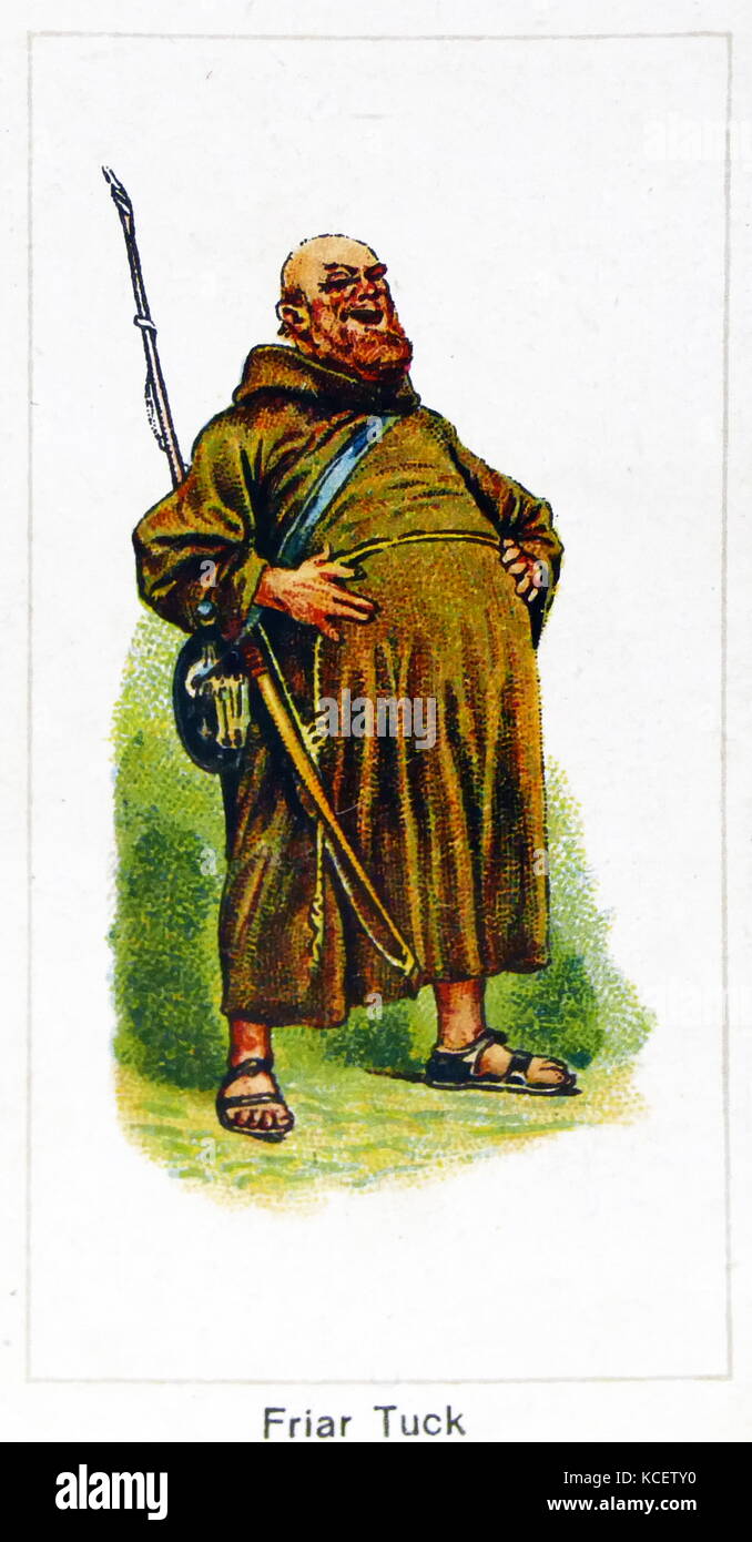 London Cigarette Card Company card 1924 depicting: Friar Tuck is a common character in modern Robin Hood stories, which depict him as a jovial friar and one of Robin's Merry Men. The figure of Tuck was common in the May Games festivals of England and Scotland during the 15th through 17th centuries. He appears as a character in the fragment of a Robin Hood play from 1475, sometimes called Robin Hood and the Knight or Robin Hood and the Sheriff, and a play for the May games published in 1560 which tells a story similar to Robin Hood and the Curtal Friar. Stock Photo