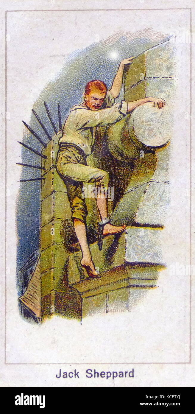 London Cigarette Card Company card 1924 depicting: Jack Sheppard (1702 – 1724) ; notorious English thief and gaol-breaker of early 18th-century London. Born into a poor family, he was apprenticed as a carpenter but took to theft and burglary in 1723, with little more than a year of his training to complete. He was arrested and imprisoned five times in 1724 but escaped four times from prison, making him a notorious public figure, and wildly popular with the poorer classes. Ultimately, he was caught, convicted, and hanged at Tyburn Stock Photo