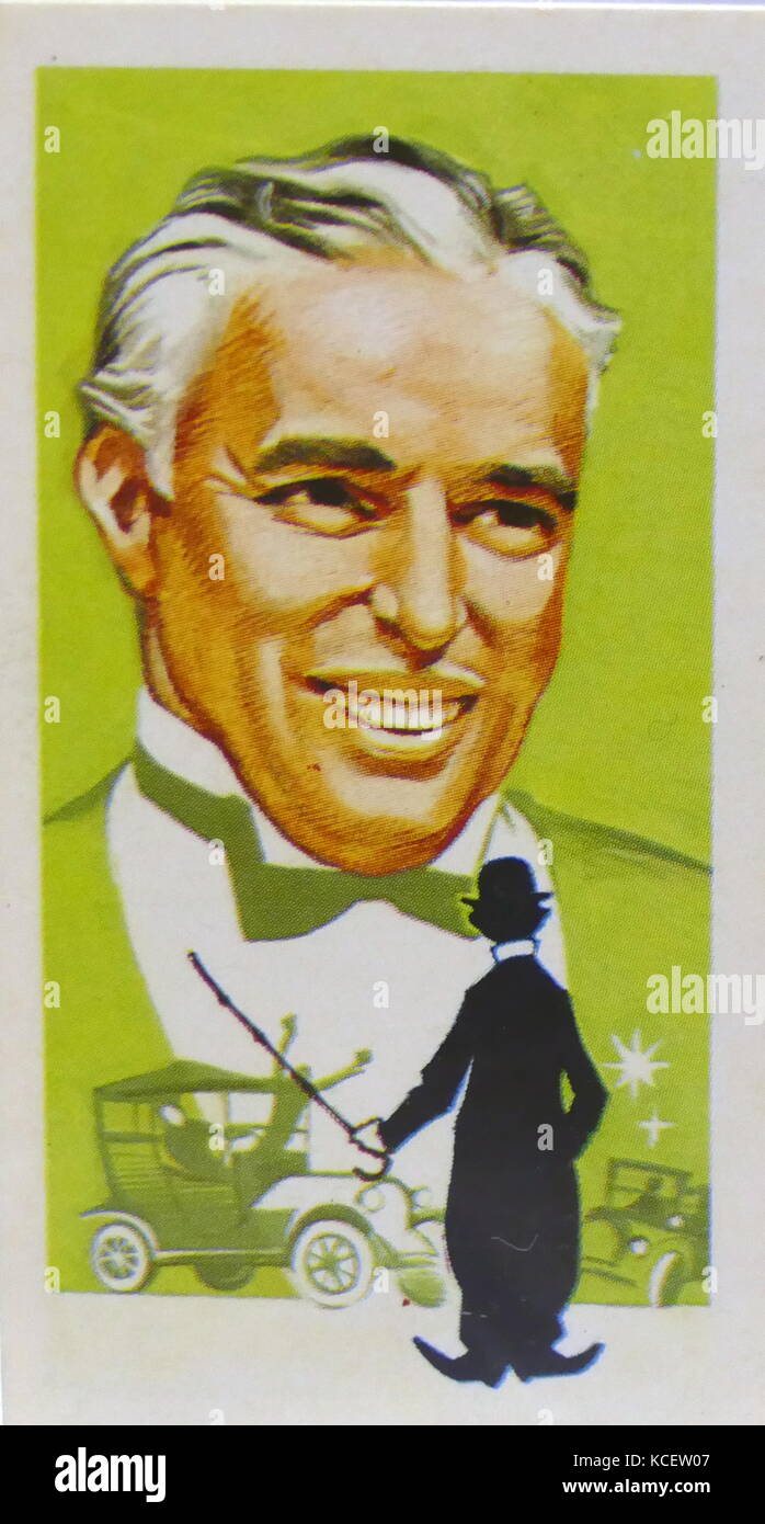1969 Brooke Bond collectors tea card, depicting: Sir Charles Spencer 'Charlie' Chaplin, KBE (16 April 1889 – 25 December 1977) was an English comic actor, filmmaker, and composer who rose to fame during the era of silent film. Stock Photo