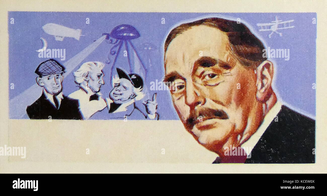 1969 Brooke Bond collectors tea card, depicting: Herbert George Wells (1866 – 1946)—known as H. G. Wells was a prolific English writer in many genres, including the novel, history, politics, social commentary, and textbooks and rules for war games. Wells is now best remembered for his science fiction novels and is called a 'father of science fiction', Stock Photo