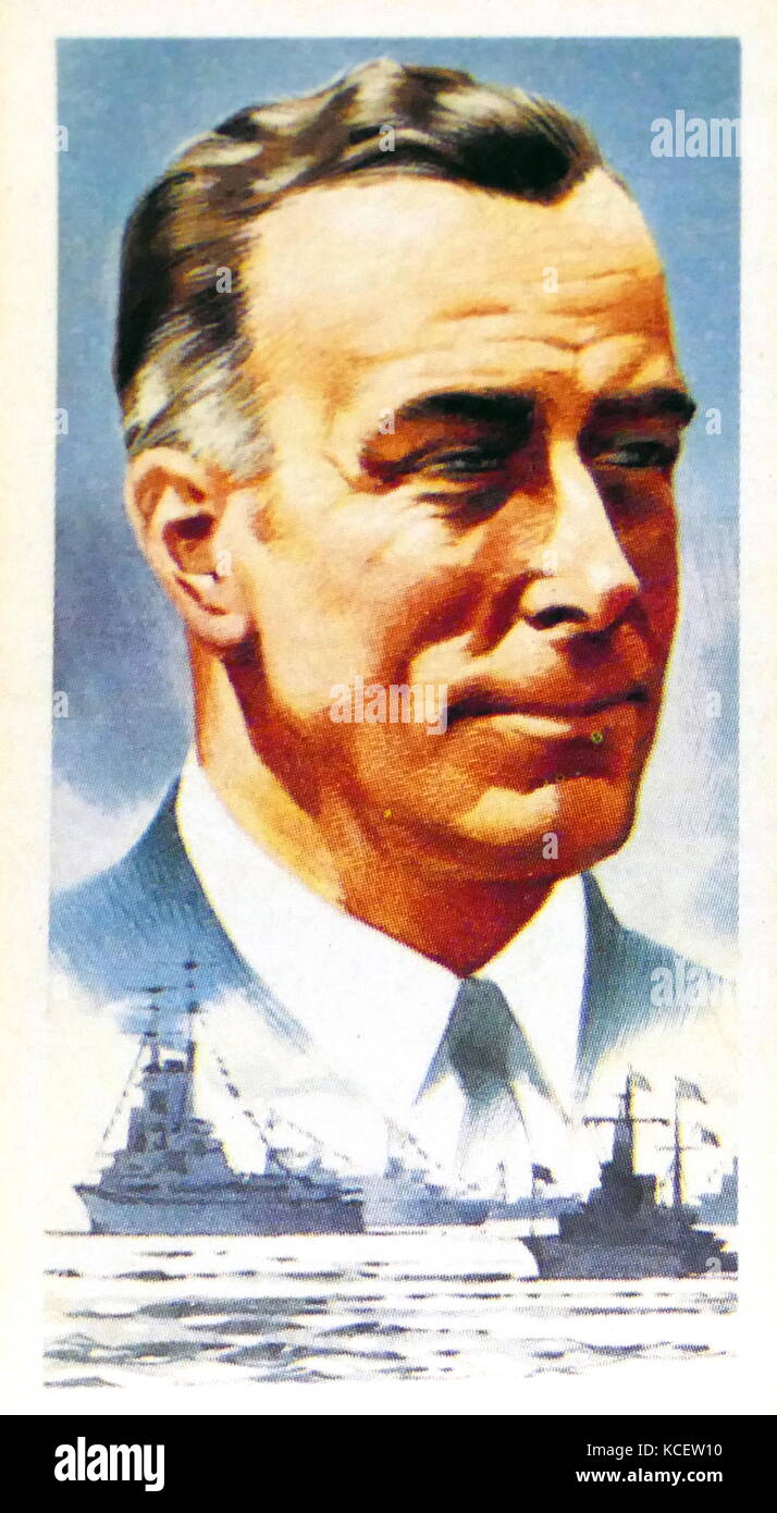 1969 Brooke Bond collectors tea card, depicting: Admiral of the Fleet Louis Mountbatten, 1st Earl Mountbatten of Burma, (1900 – 1979), Lord Mountbatten was a British naval officer and statesman, an uncle of Prince Philip, Duke of Edinburgh, and second cousin once removed of Elizabeth II. During the Second World War, he was Supreme Allied Commander, South East Asia Command (1943–46). He was the last Viceroy of India (1947) Stock Photo