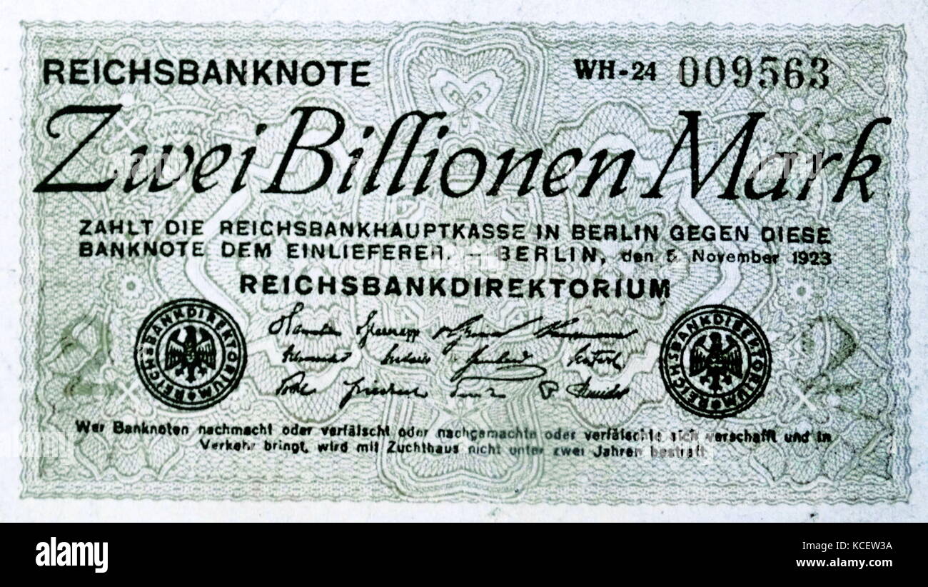 Two Billion Reichsmark banknote issued 5th November 1923, by Germany's Central Bank, during the Hyper-inflation period. Stock Photo