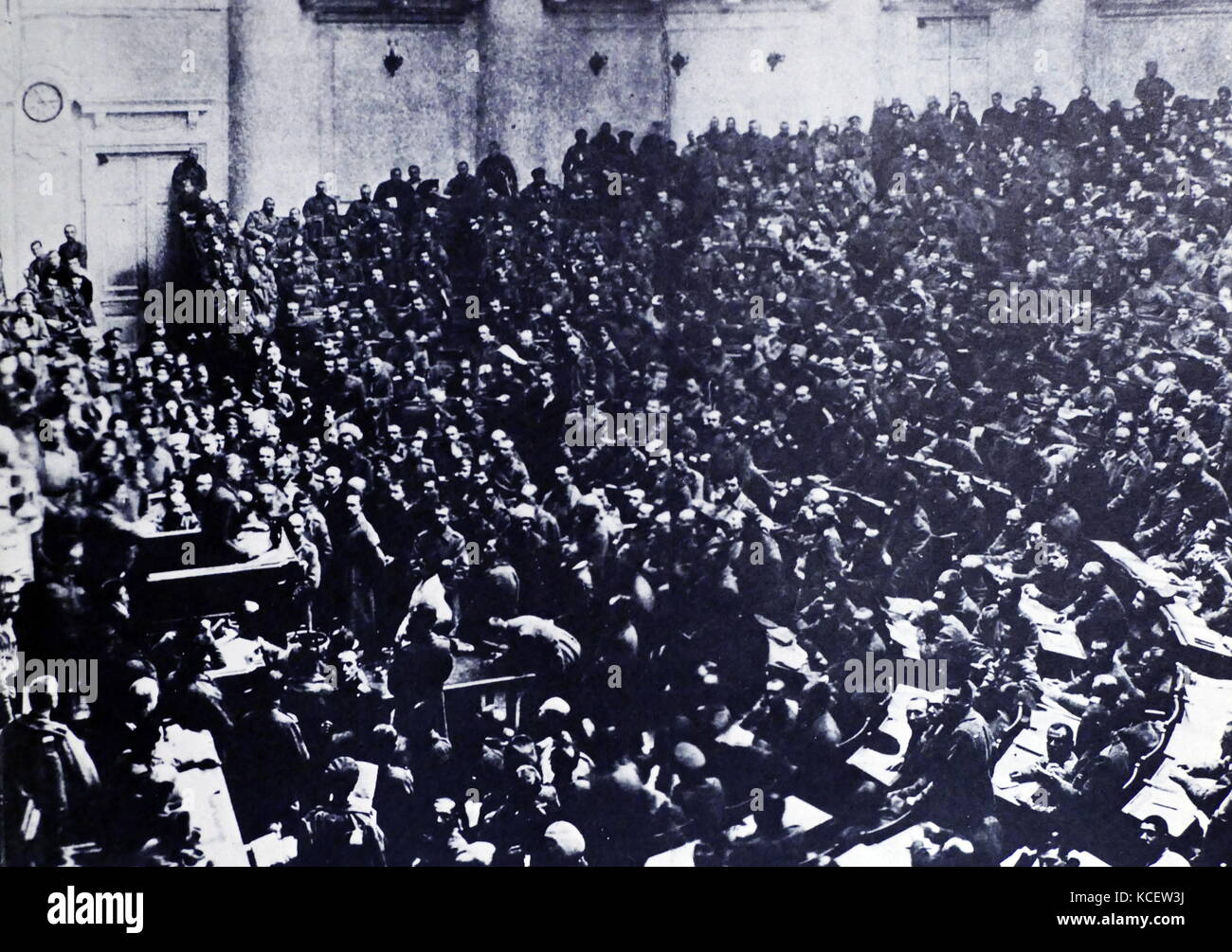 The Petrograd Soviet of Workers' and Soldiers' Deputies; a city council of Petrograd (Saint Petersburg). During the revolutionary days, the council tried to extend its jurisdiction nationwide as a rival power center to the Provisional Government, in March 1917 after the February Revolution. It met in the Duma or parliament. Stock Photo