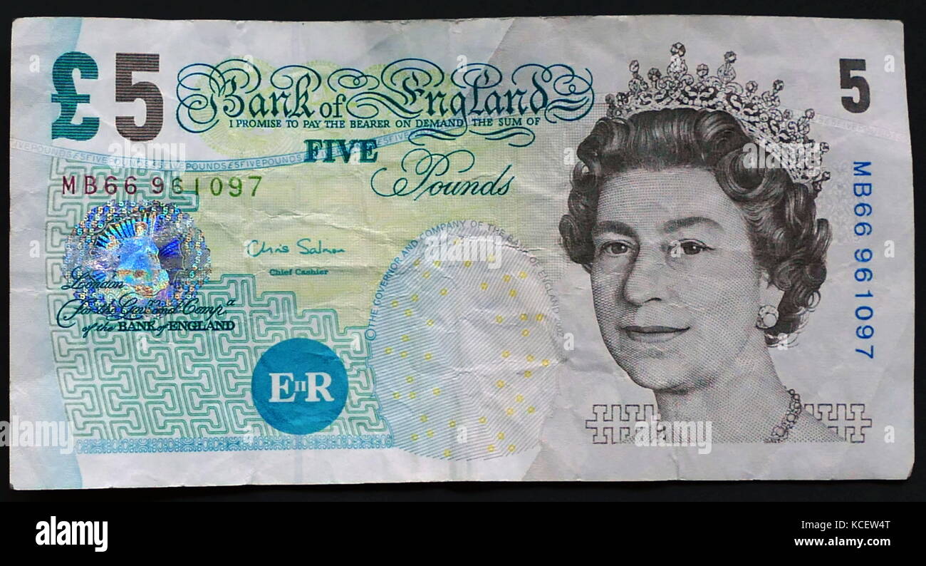 Queen Elizabeth II of the United Kingdom, depicted on a paper £5 banknote. This note was replaced in 2016. Stock Photo