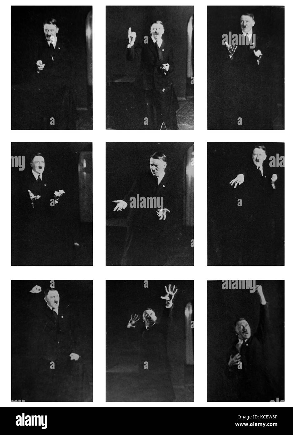 Poses by Adolf Hitler, German Nazi Leader, as he practices delivering a speech. Circa 1932 Stock Photo