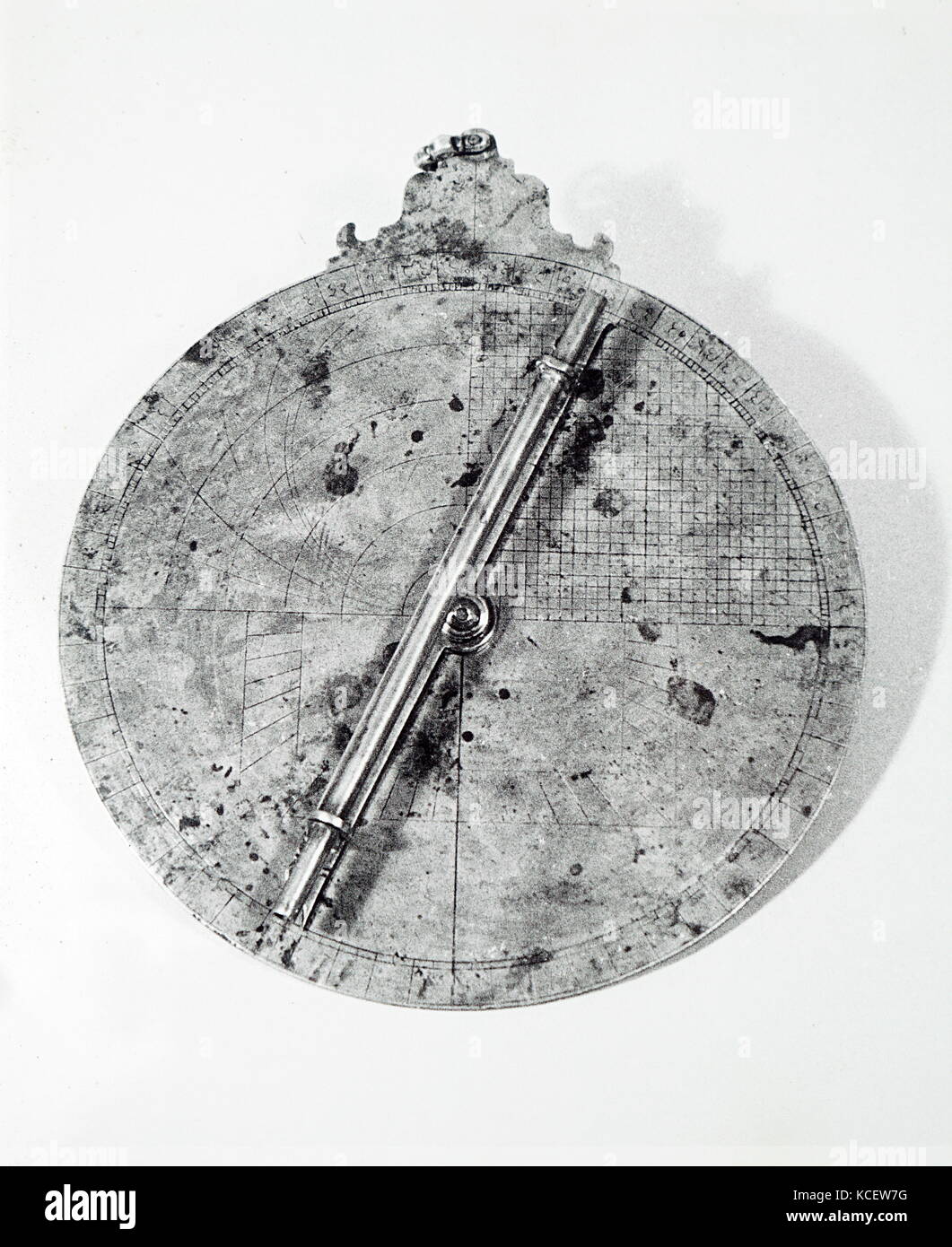 View of the back of a brass astrolabe. An astrolabe is an elaborate ...