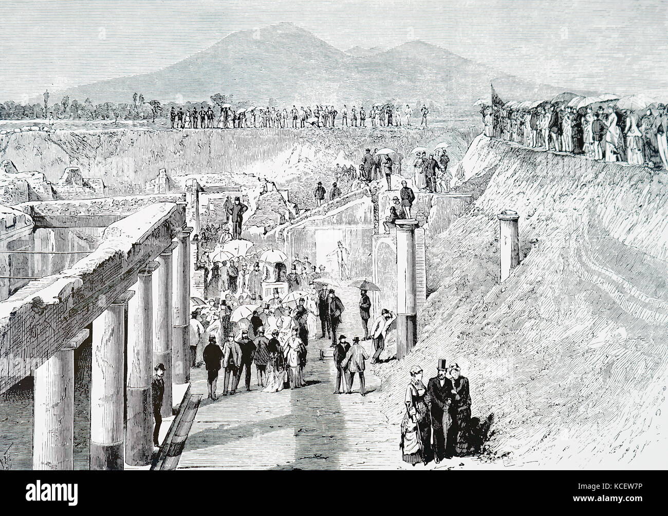 Engraving depicting crowds meeting to mark the 1800th anniversary of the burial of Pompeii. Dated 19th Century Stock Photo