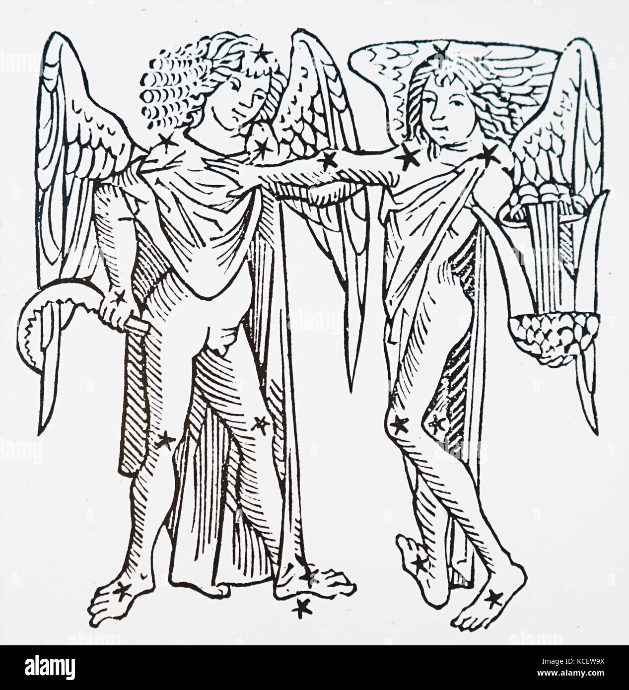 Illustration depicting the Zodiacal sign of Gemini. Dated 15th Century Stock Photo