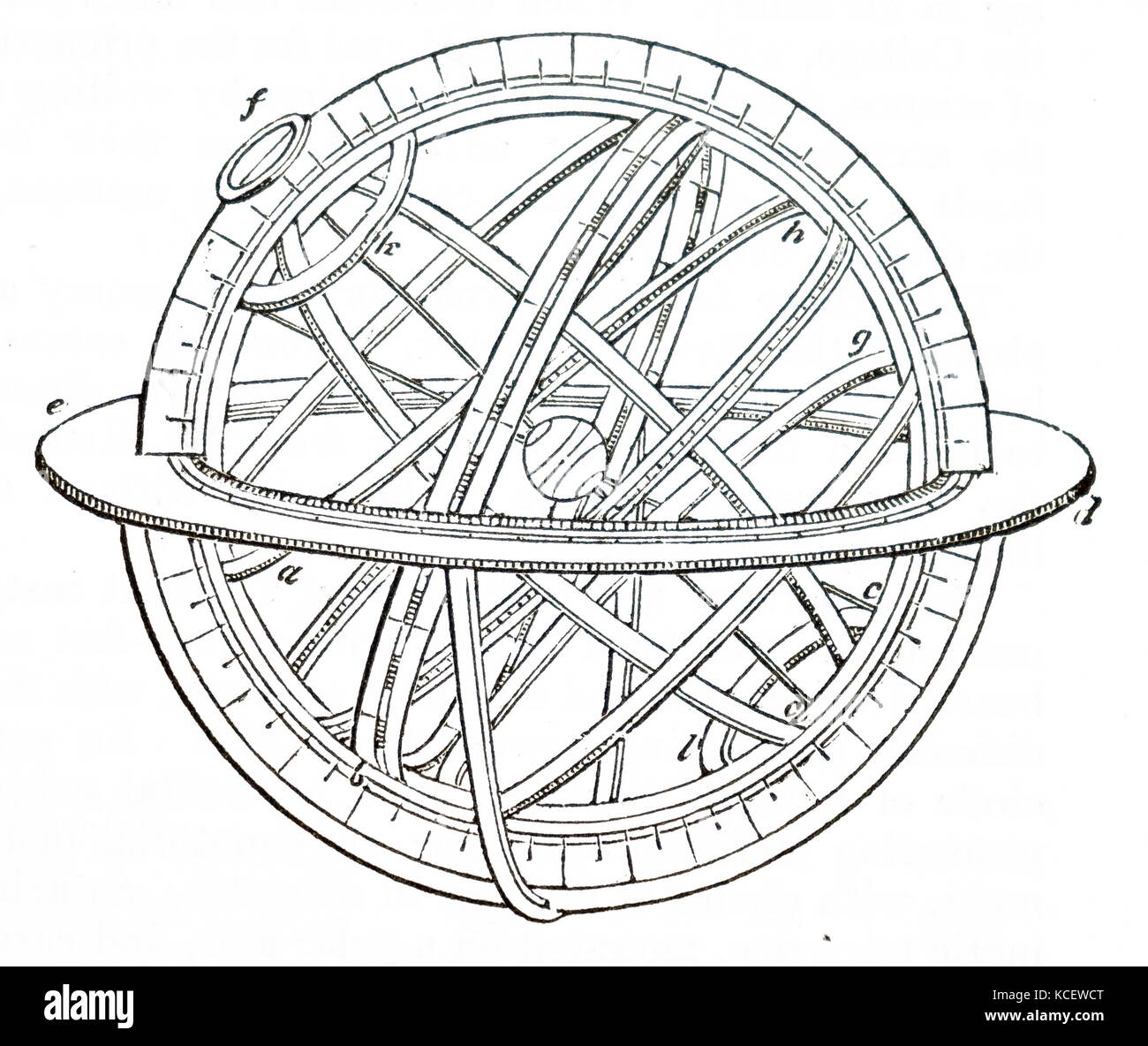 Illustration depicting an armillary sphere. An armillary sphere is a model of objects in the sky consisting of a spherical framework of rings, centred on Earth or the Sun, that represent lines of celestial longitude and latitude and other astronomically important features such as the ecliptic. Dated 16th Century Stock Photo