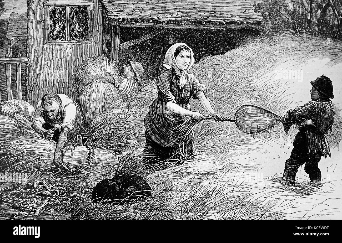 Illustration depicting a family of peasants trussing hay for the London market. Dated 19th Century Stock Photo