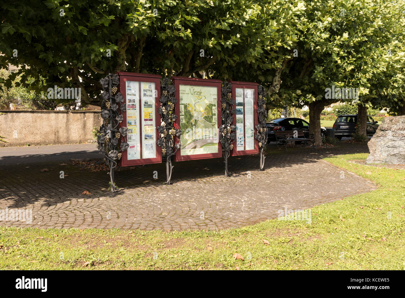 Tourist Information boards and plans in the town of Urzig, in the Mosel Valley, Germany Stock Photo